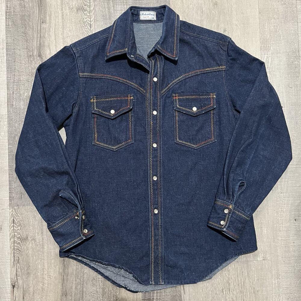 VTG 1970s Heavy Denim Western Pearl Snap Raw Denim Shirt Handmade Stitched USA M